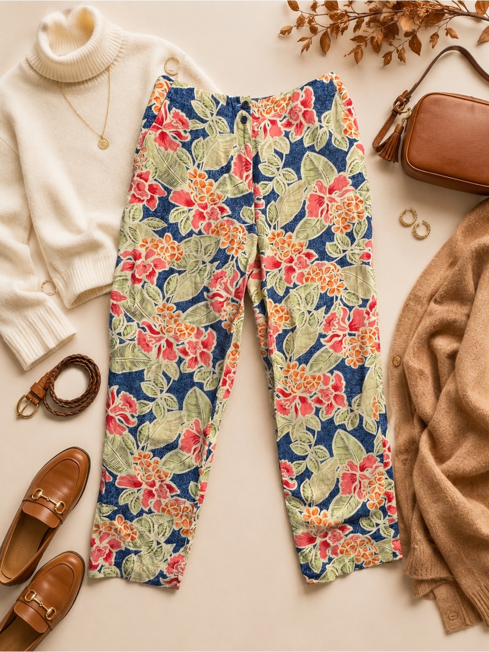Linen Floral Pants Size 10 Talbots Tropical Print Navy Coral prints Fall Outfit